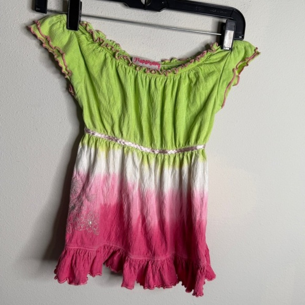 Vintage Flapdoodles Girls 4T Green Pink Tie Dye Off Shoulder Ruffle Dress
